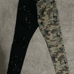 Adult KDNK Skinny Camouflage & Black Distressed Paint-Splatter Jeans